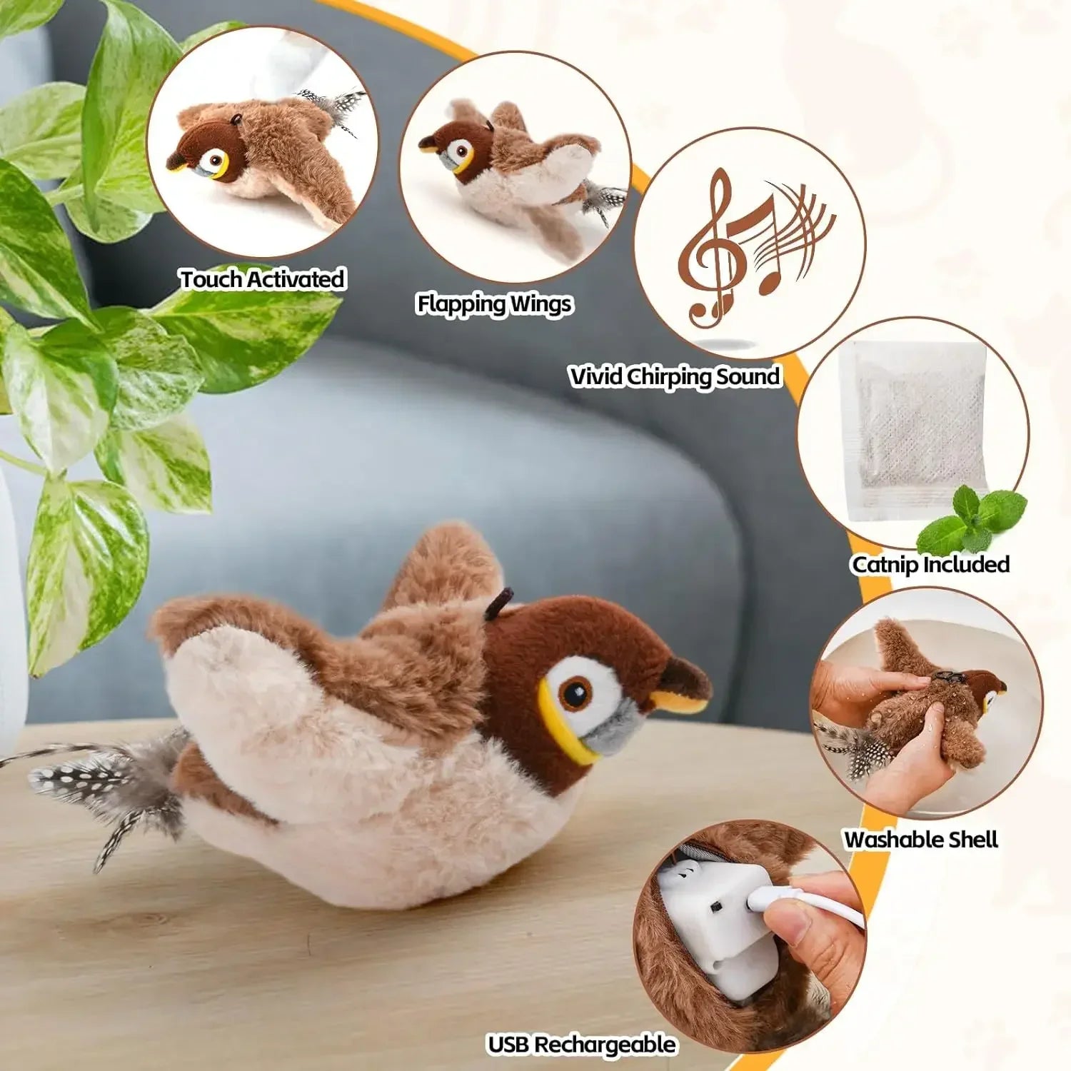 Interactive Chirping Bird Toy – Rechargeable Plush for Cats & Dogs