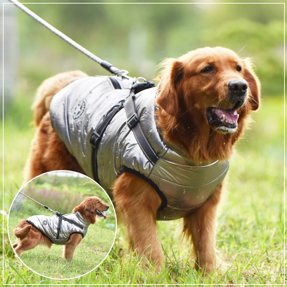 Winter Waterproof Dog Jacket – Large Pet Coat with Harness