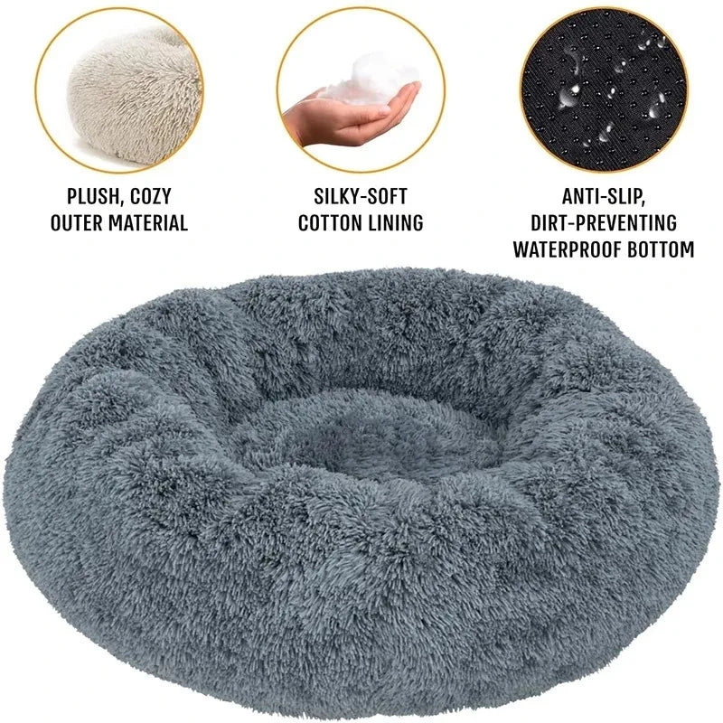 Round Plush Dog & Cat Bed – Winter Warm Washable Sofa