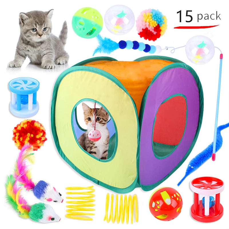 Cat Play Tunnel & Mouse Toy – Foldable Interactive Tent for Kittens